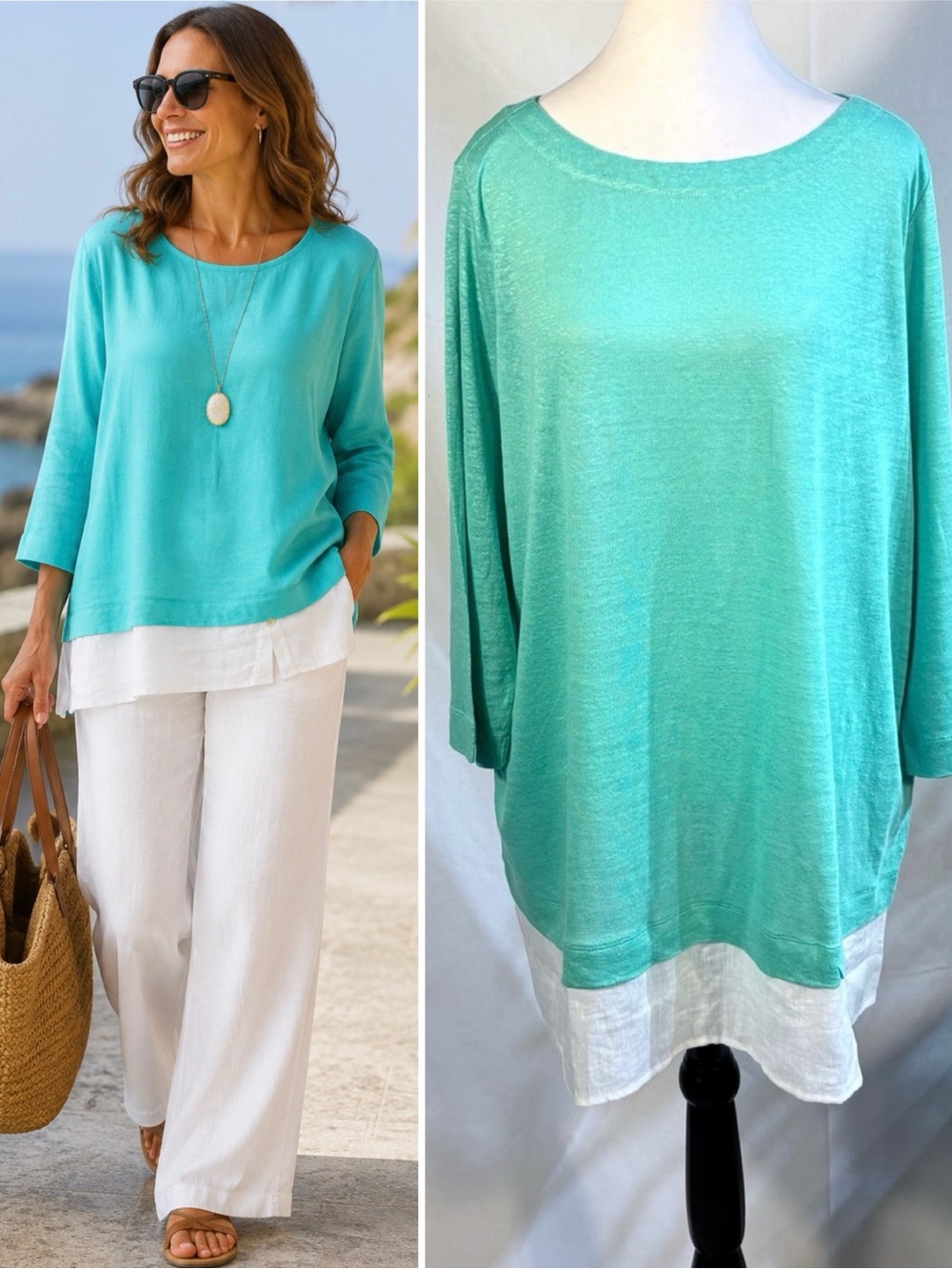 💥NWOT J.Jill Love Linen Turquoise White Layered Tunic Top 100% Linen XL💚